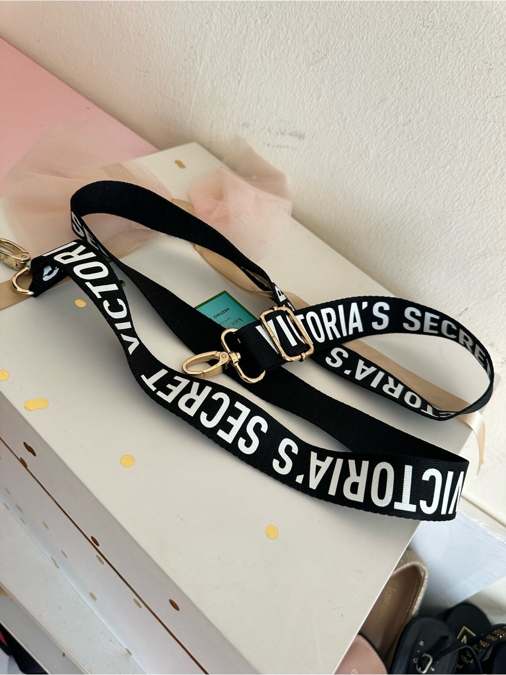 Victoria's Secret Black and White Logo Strap with Gold Hardware